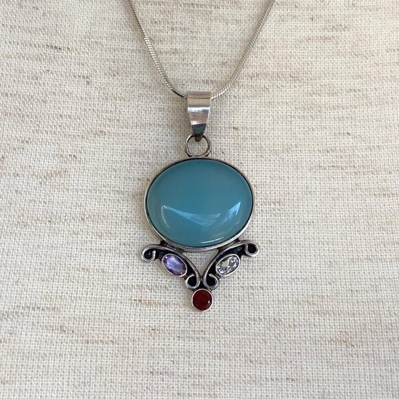 Sterling Silver 925 Chalcedony Amethyst Garnet Iolite Pendant Necklace 20" Chain - Picture 5 of 16